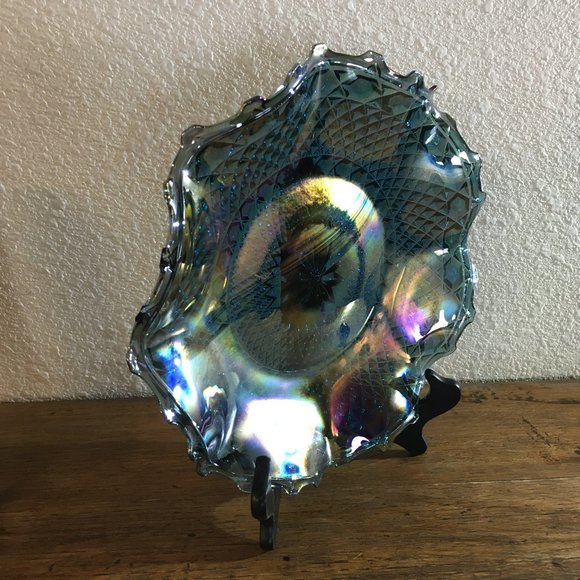 Indiana Glass Company Other - Vintage Blue Iridescent Ruffled Diamond Point Dessert Plate